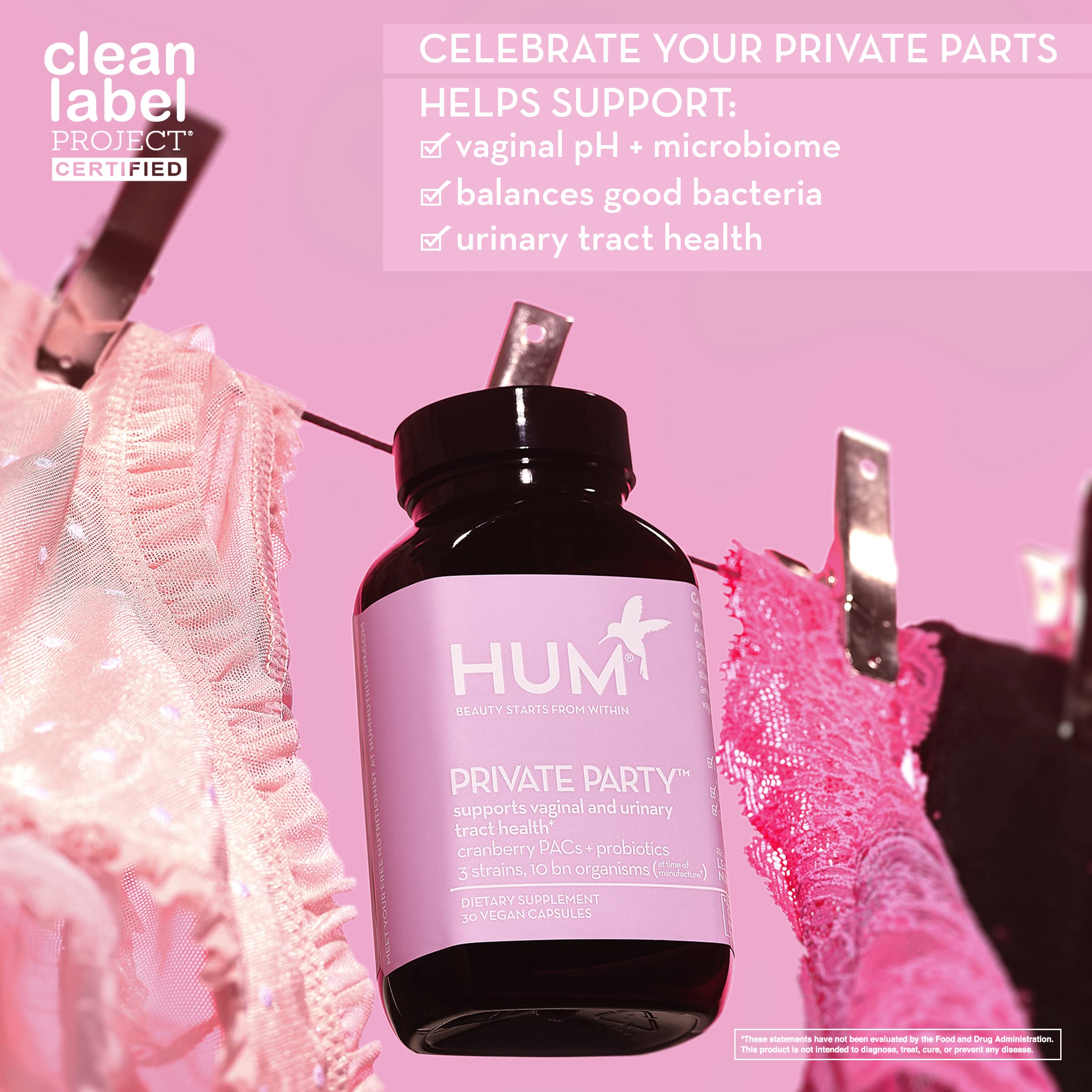 Capsules showing three Lactobacillus strains and cranberry PACs for everyday feminine health.