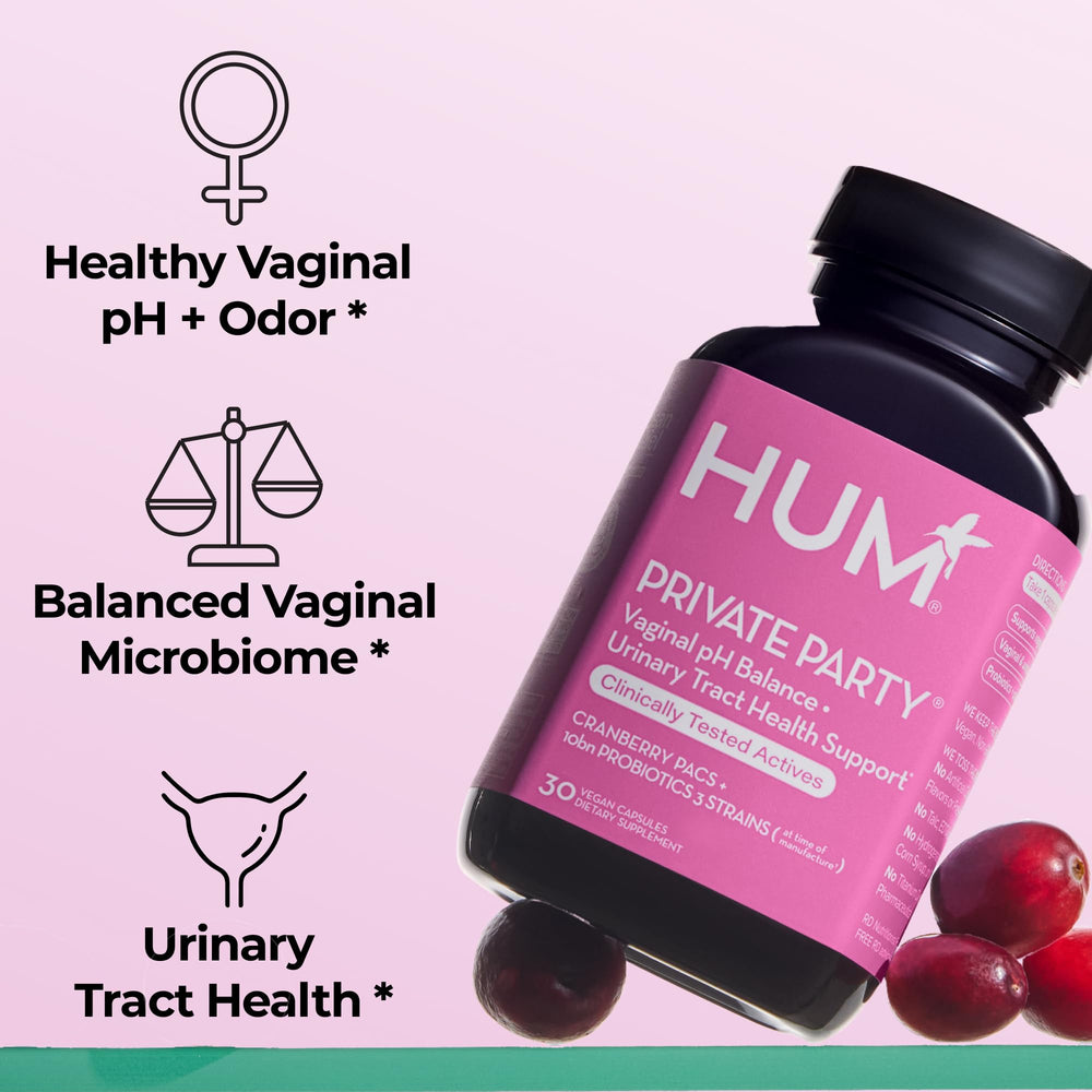 HUM Private Party capsules close-up highlighting Lactobacillus strains