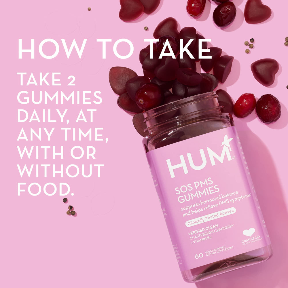 HUM SOS PMS Gummies with cranberries illustration suggests natural ingredients.