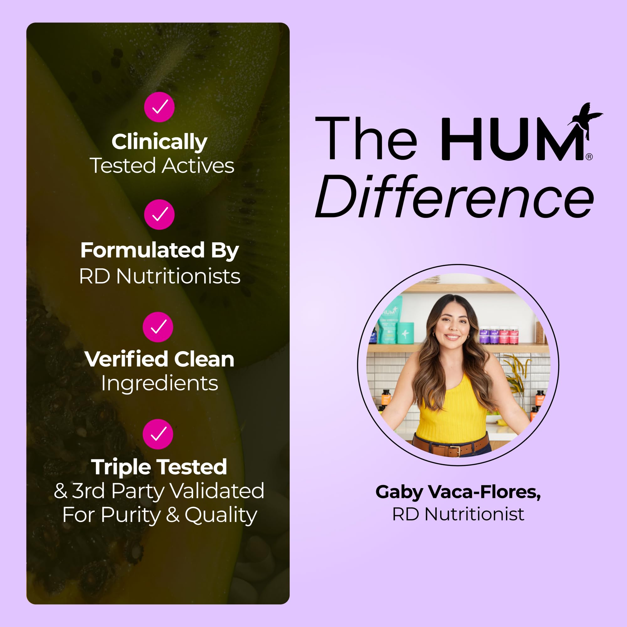 Clean Label Project badge and non-GMO claim on HUM bottle