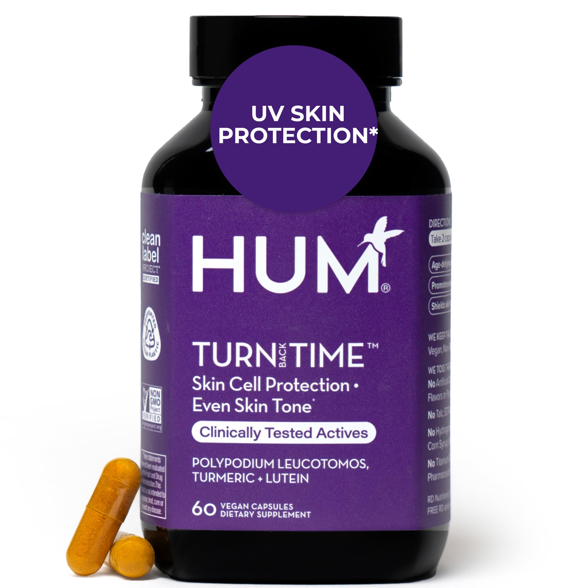 HUM Turn Back Time turmeric bottle front display with vegan capsules for skin support