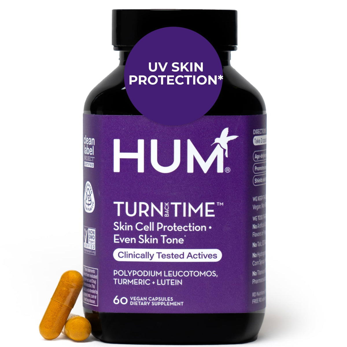HUM Turn Back Time turmeric bottle front display with vegan capsules for skin support