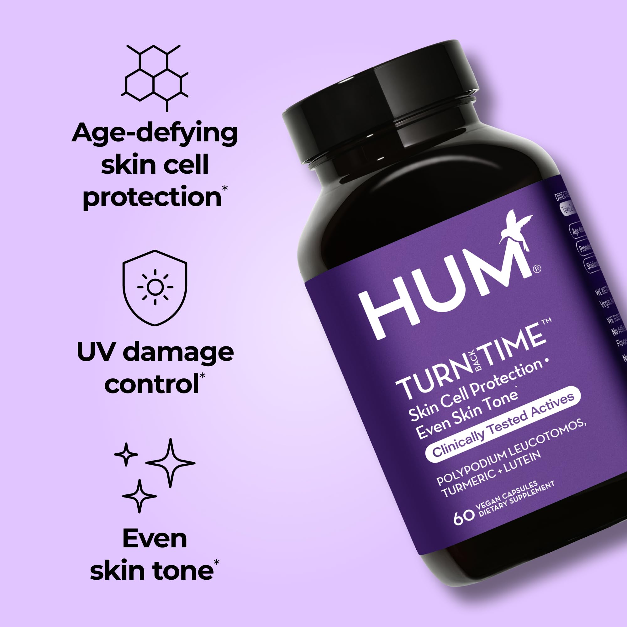 Close-up of HUM Turn Back Time turmeric capsules highlighting natural ingredients