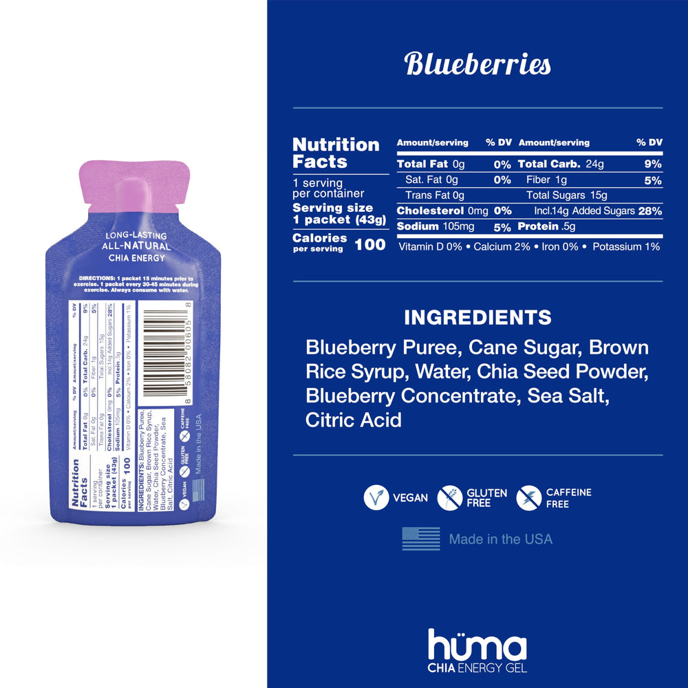 HÜMA Chia Energy Gel Blueberries gel pour shows smooth texture for quick energy.