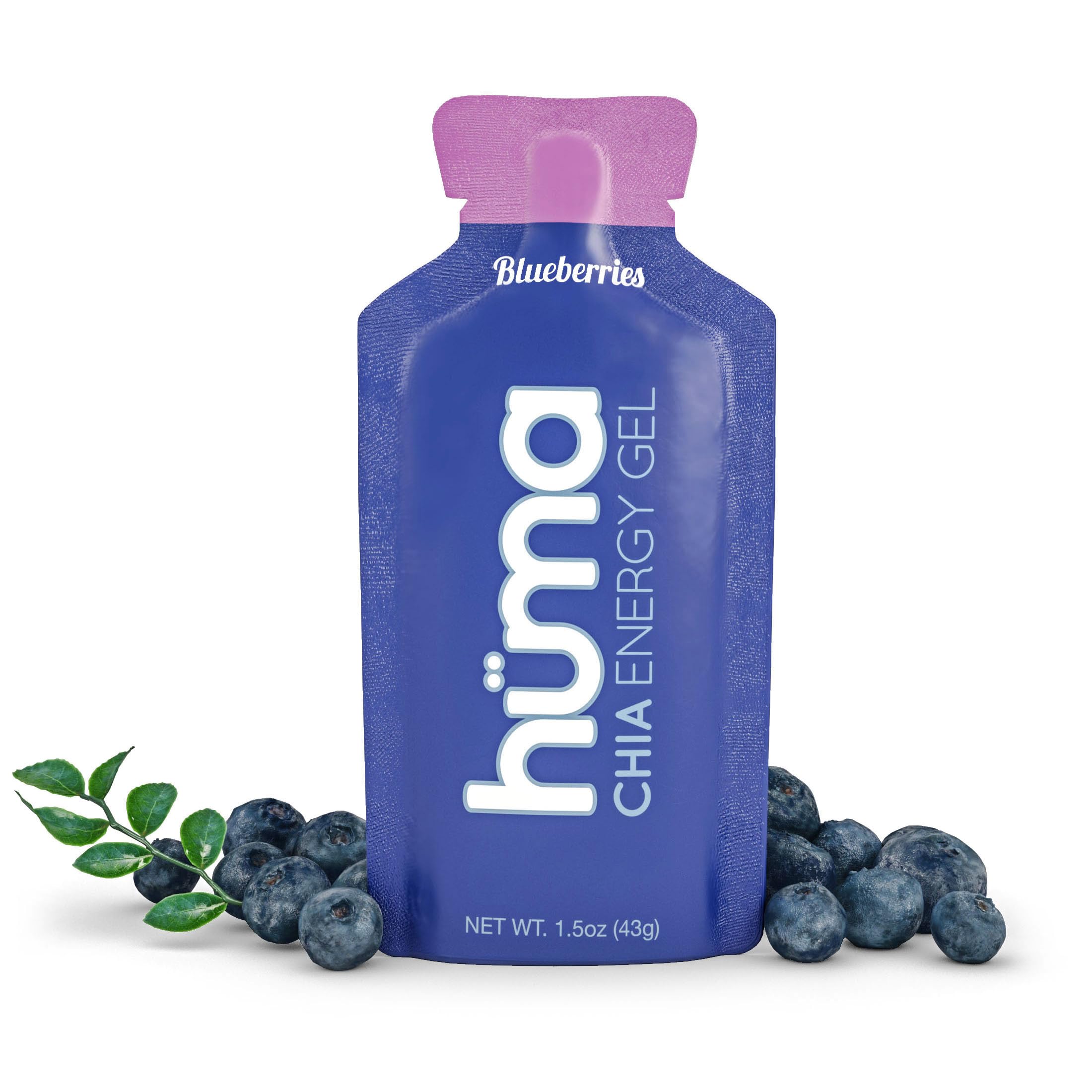 HÜMA Chia Energy Gel Blueberries packaging highlights natural ingredients for endurance fueling.
