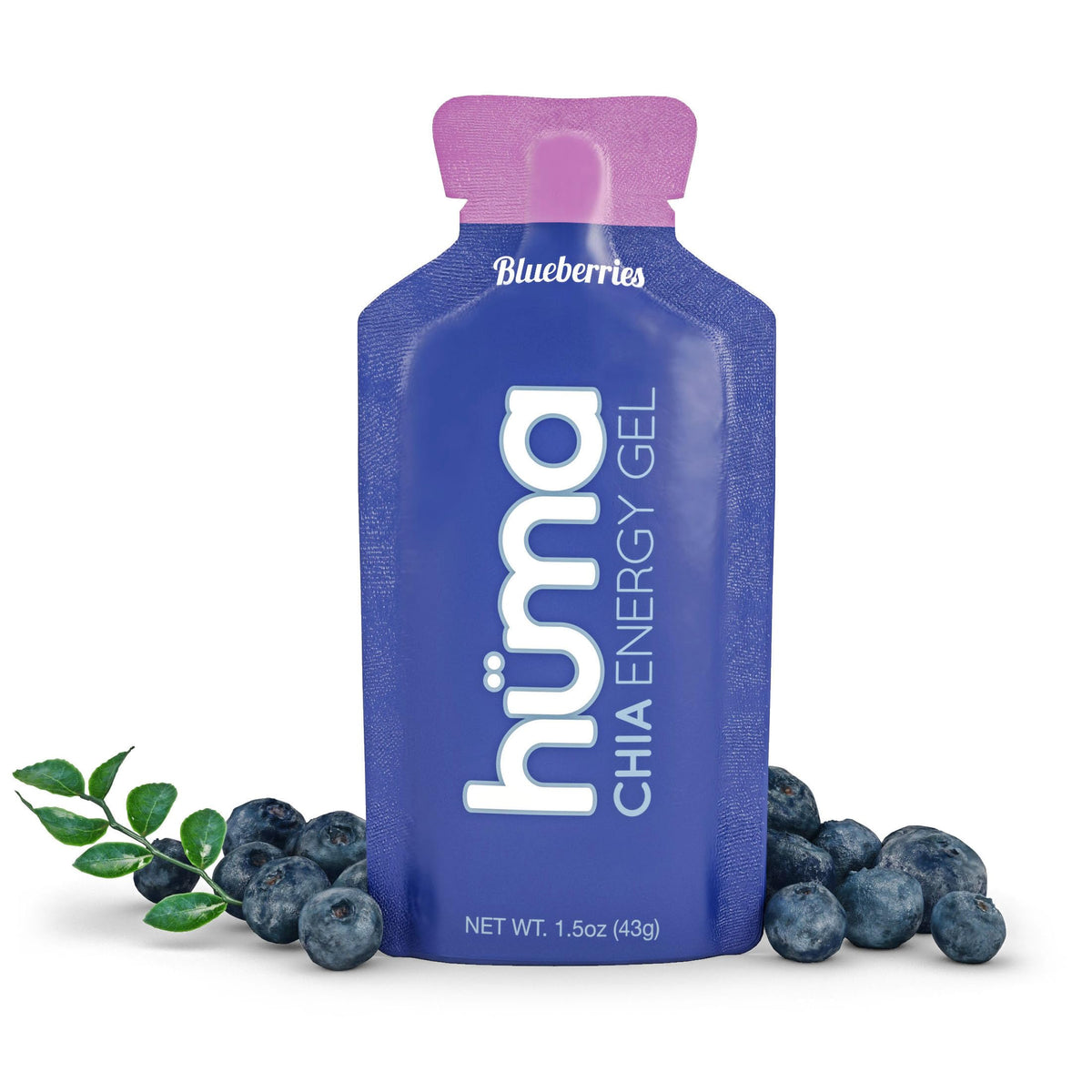 HÜMA Chia Energy Gel Blueberries packaging highlights natural ingredients for endurance fueling.