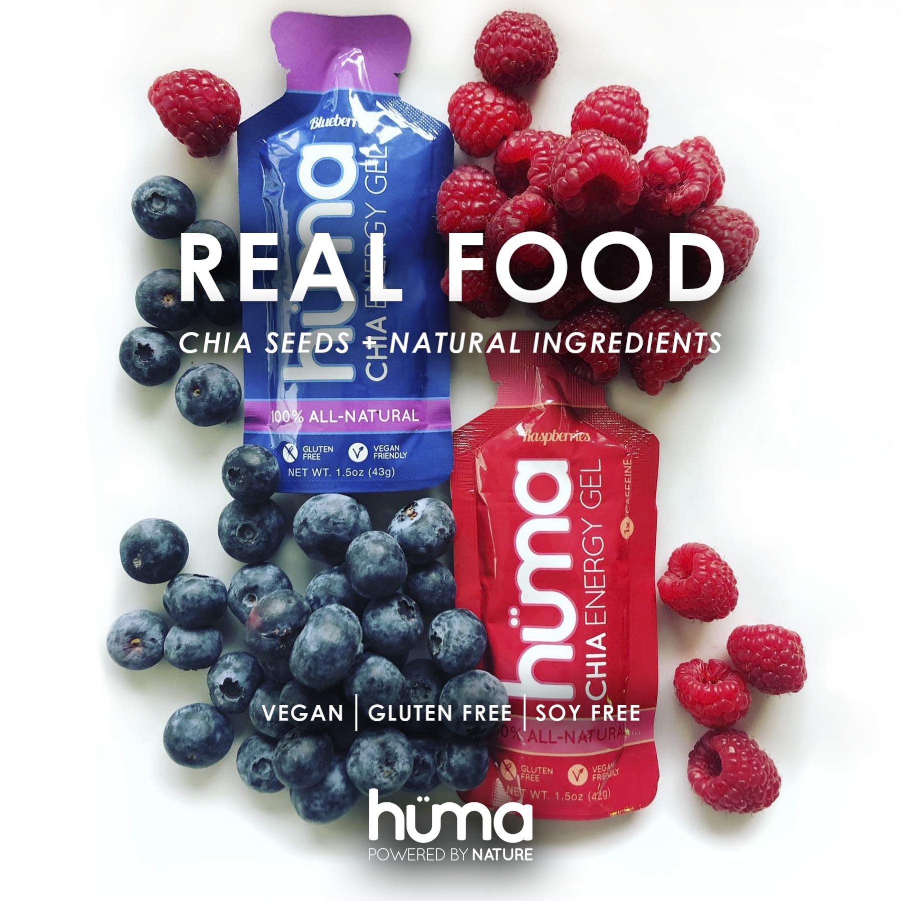 HÜMA Chia Energy Gel Blueberries texture close-up reveals chia seeds and fruit.