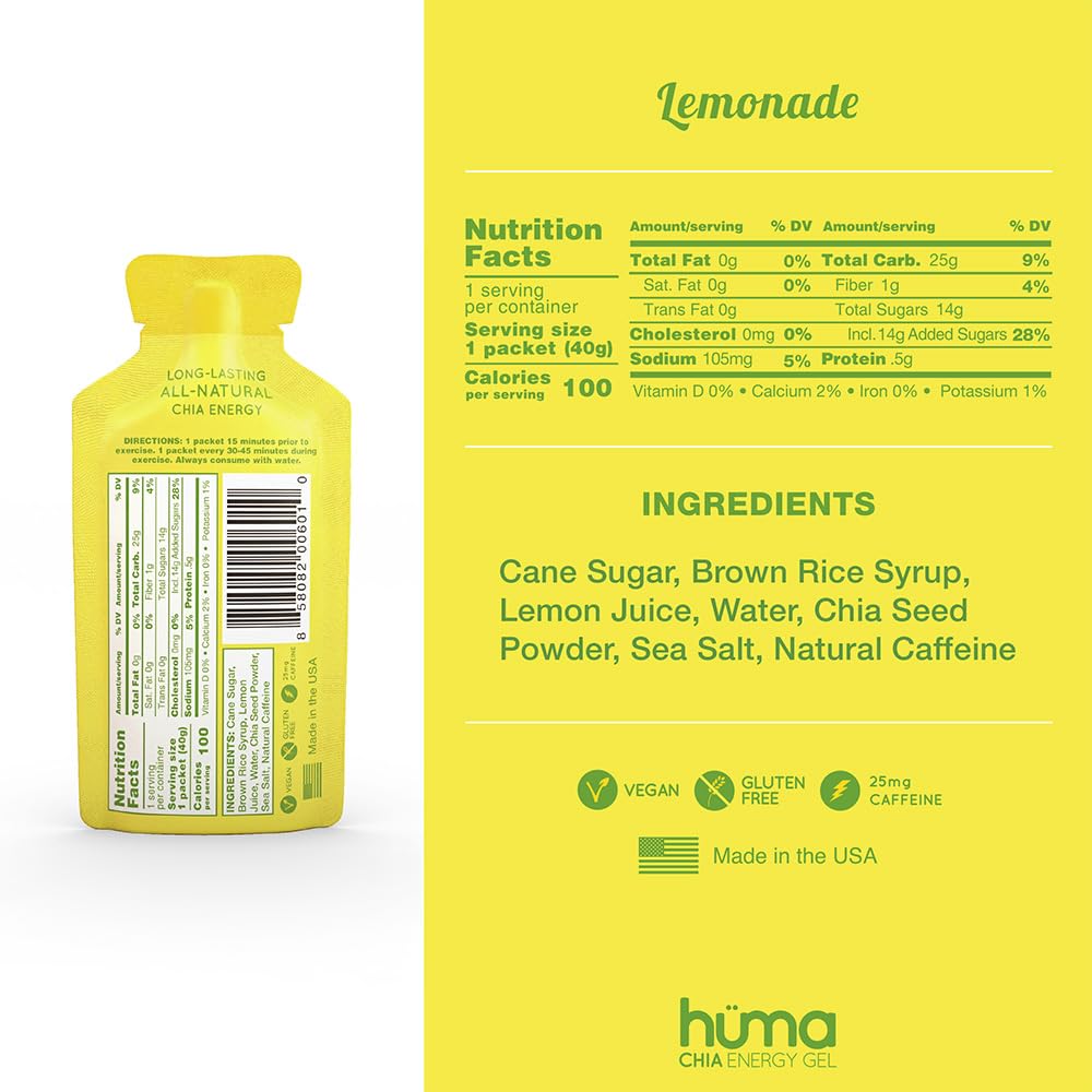 HÜMA Chia Energy Gel Lemonade sachet showing easy-to-consume real-food energy on the go.