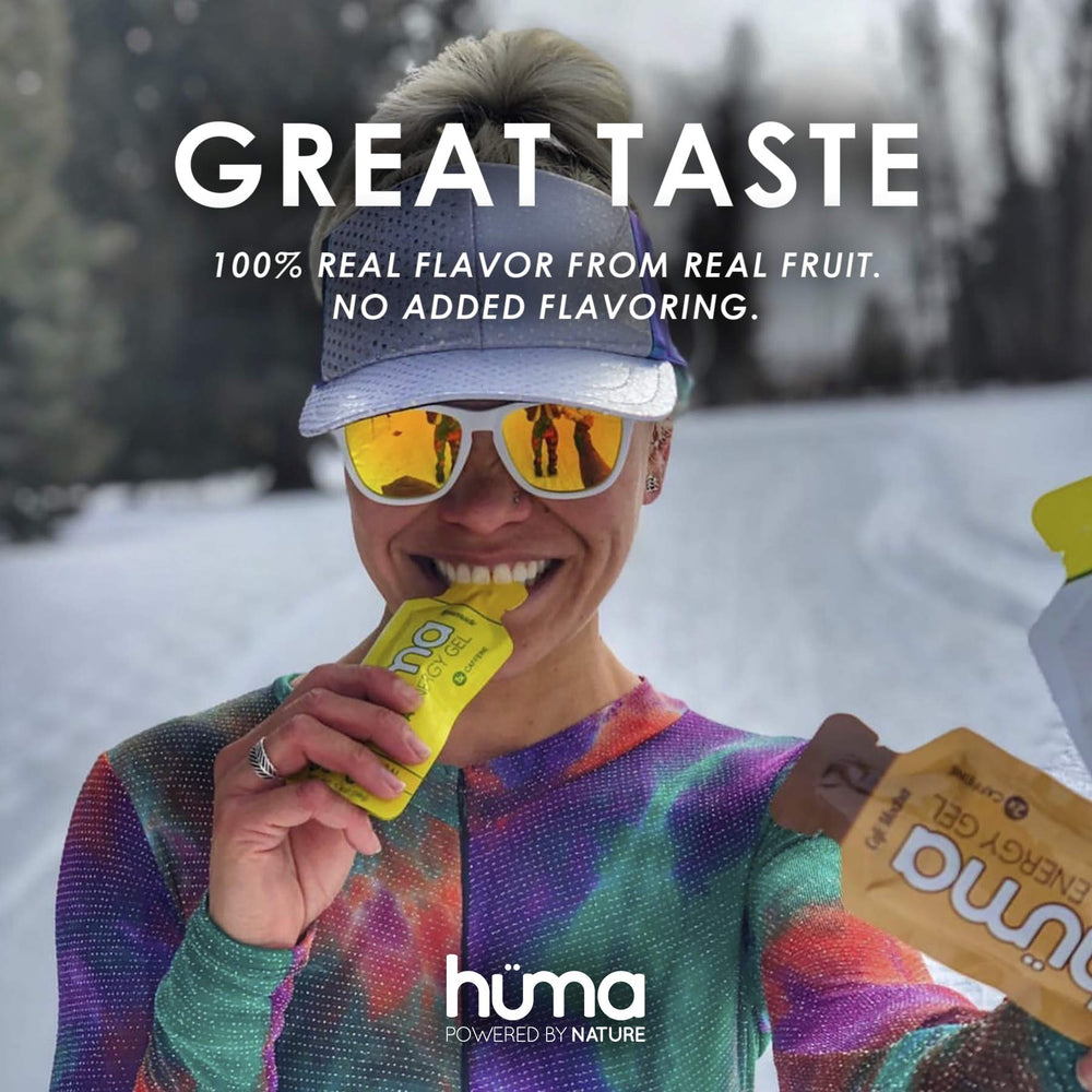 HÜMA Chia Energy Gel Raspberries caffeine option close-up illustrating quick energy during races.