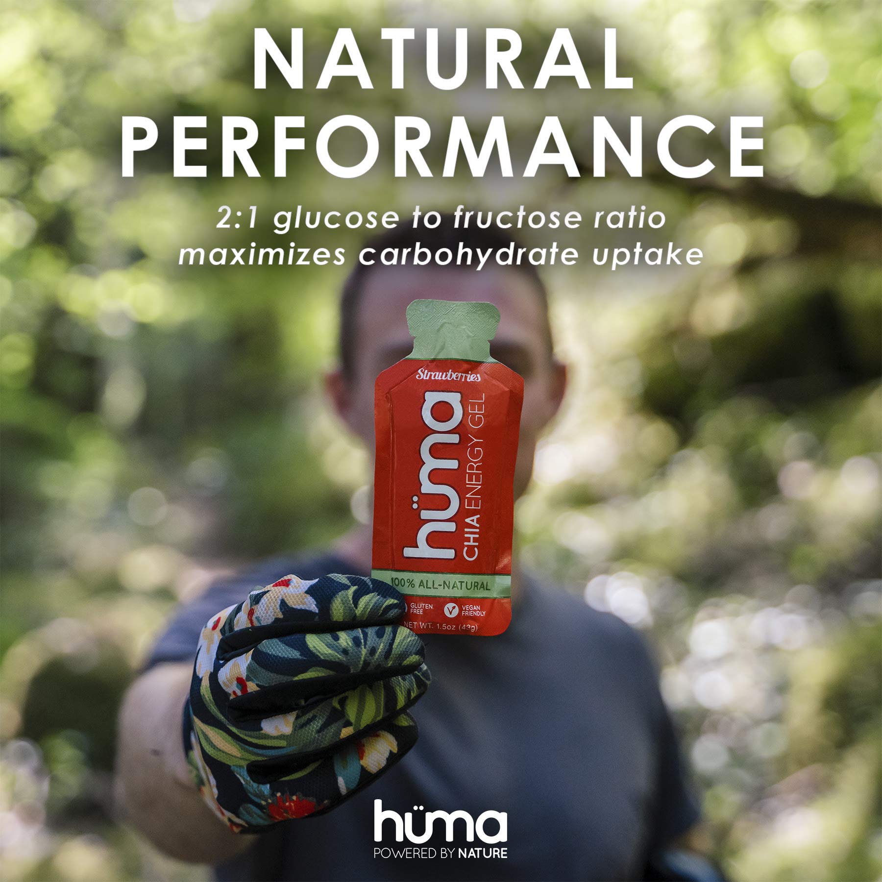 HÜMA Chia Energy Gel Raspberry packaging emphasizing vegan and gluten-free branding