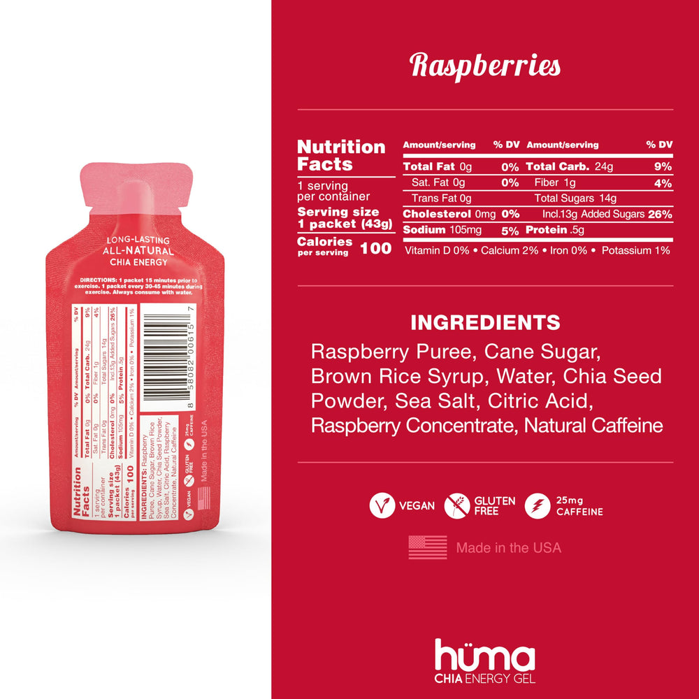 HÜMA Chia Energy Gel Raspberry packet close-up highlighting caffeine content for a pre-race boost