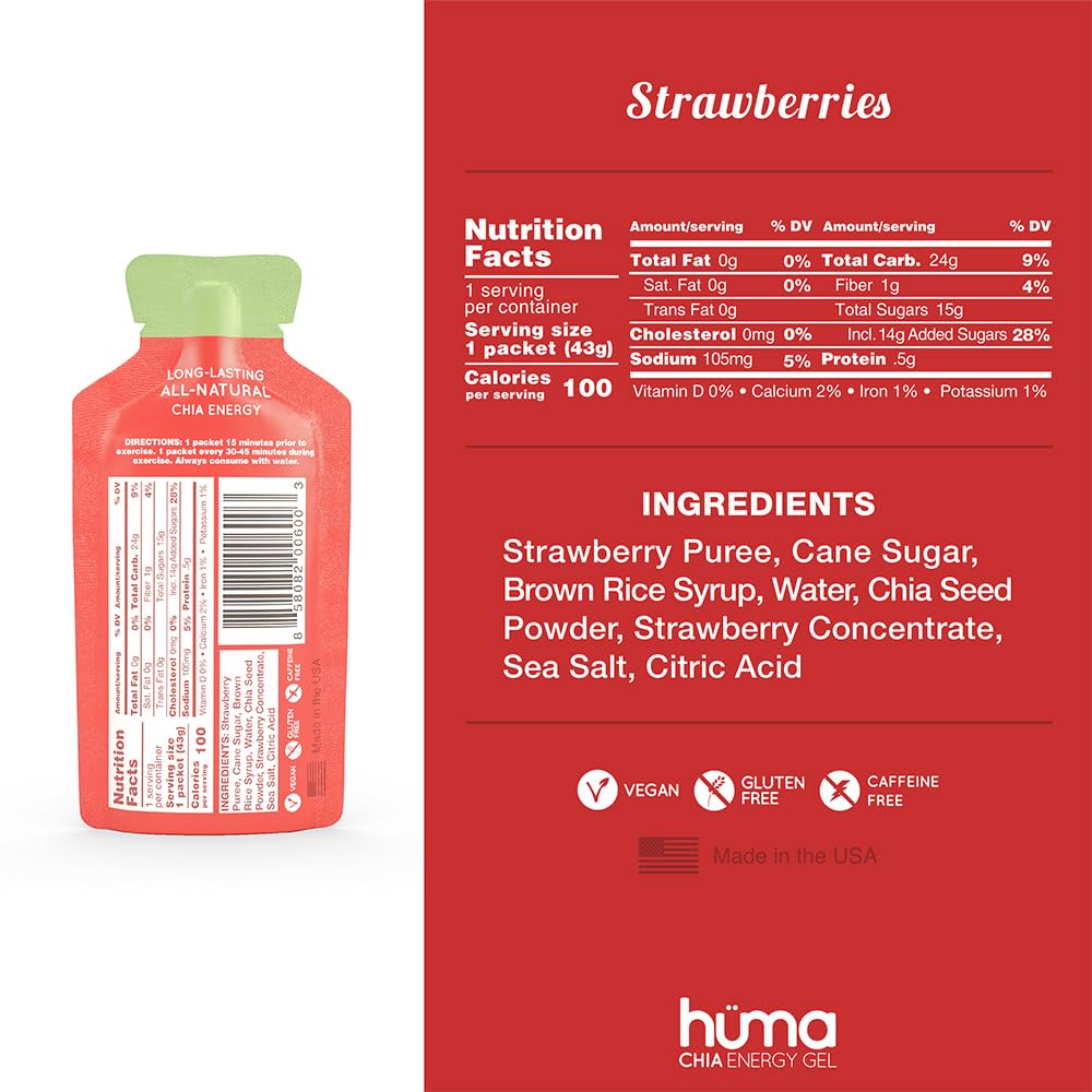 HÜMA CHIA ENERGY GEL strawberries sachet closeup highlighting real fruit texture