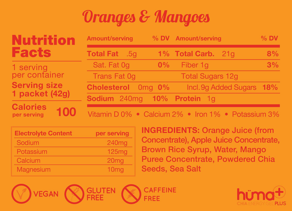 Huma Plus orange mango sachet closeup highlighting natural fruit flavors
