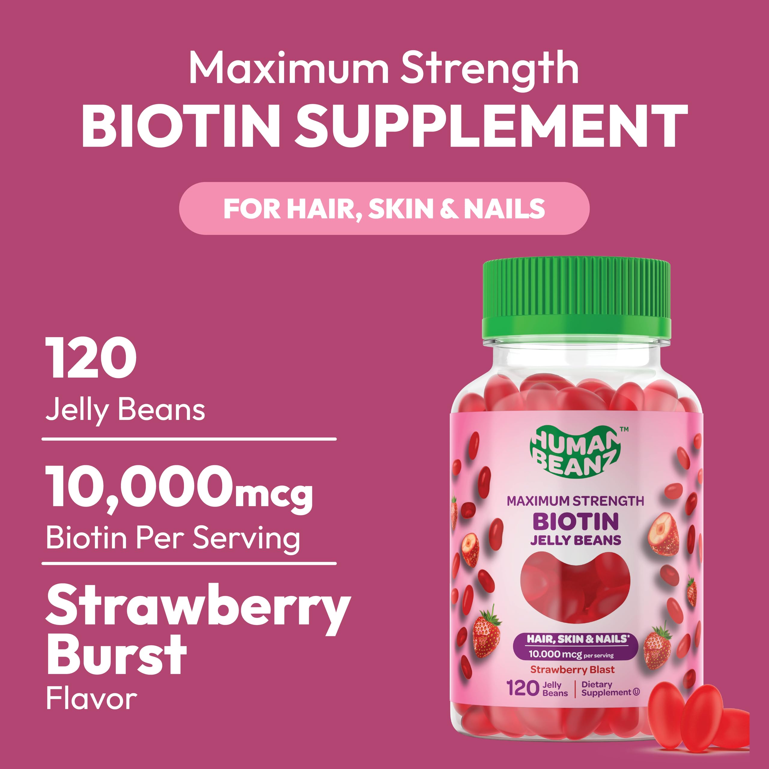 Human Beanz Biotin Jelly Bean close-up highlights chewy texture and strawberry flavor.