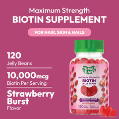 Human Beanz Biotin Jelly Bean close-up highlights chewy texture and strawberry flavor.