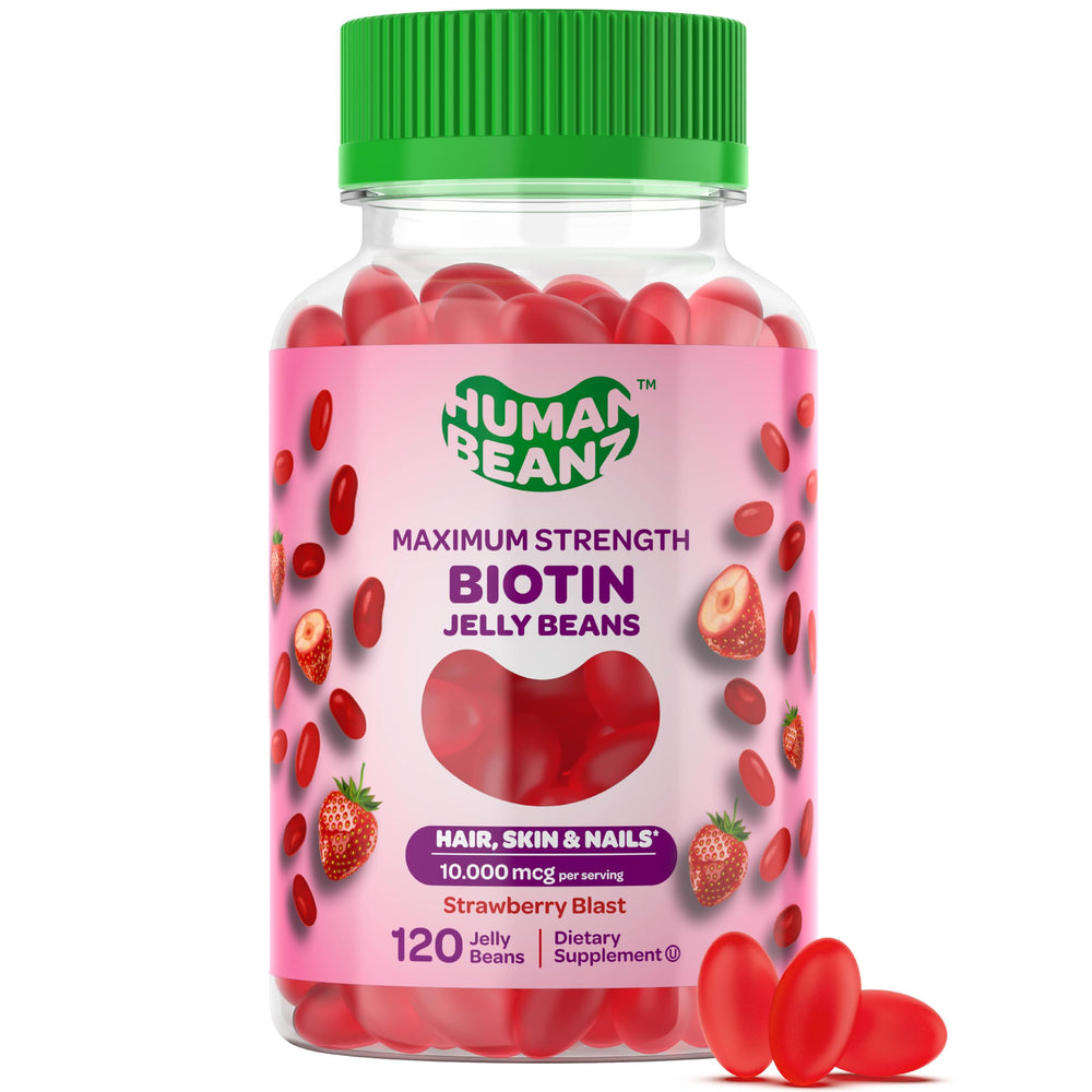 Human Beanz Biotin Jelly Bean pack front showcases delicious hair support gummies.