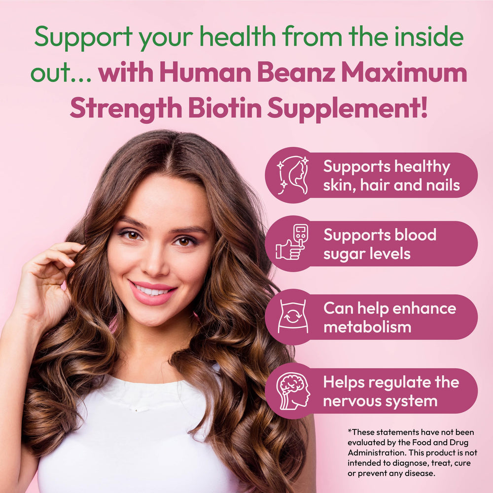 Human Beanz Biotin Jelly Bean nutrition label emphasizes dietary details.