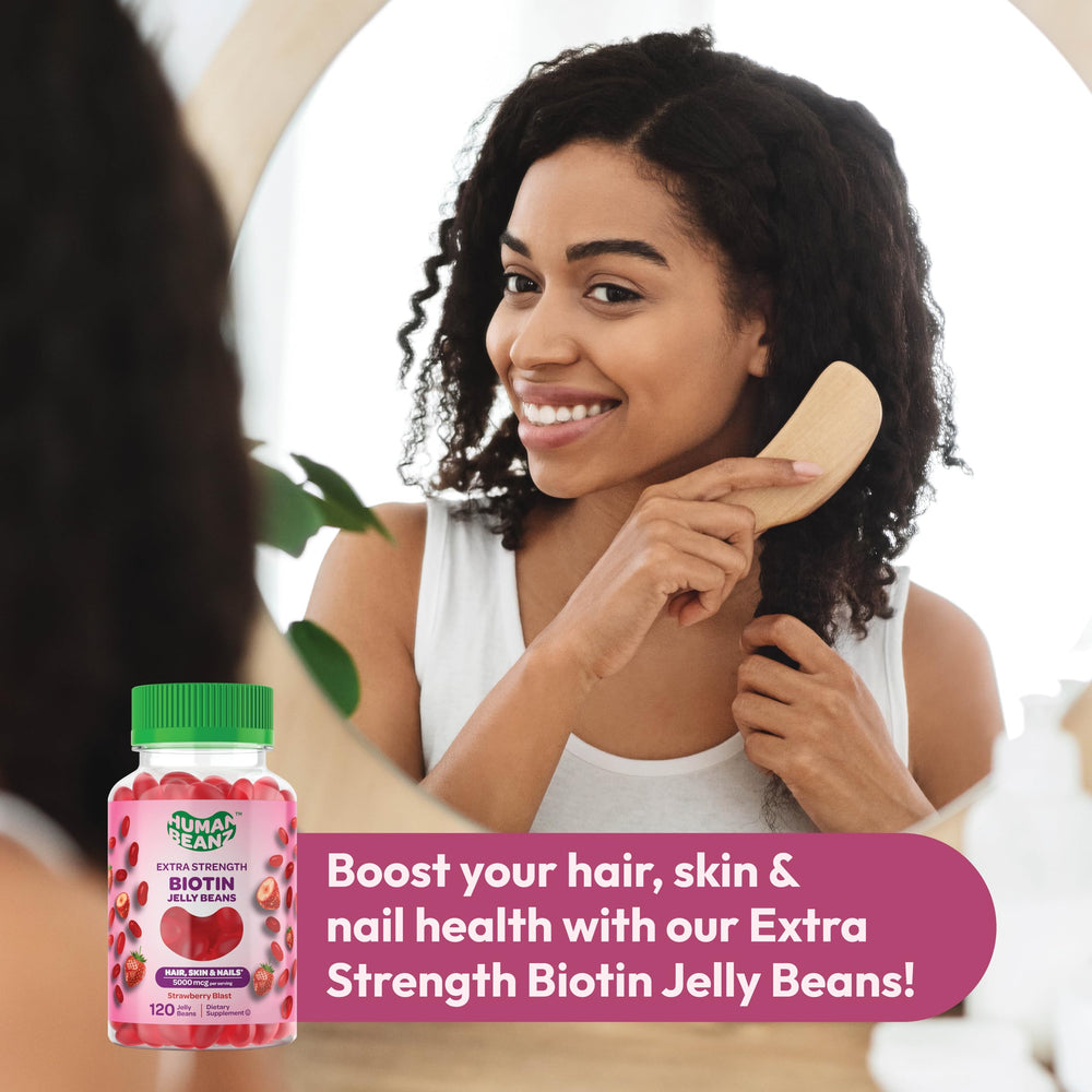 Human Beanz Biotin Jelly Beans serving image shows 5000 mcg per serving