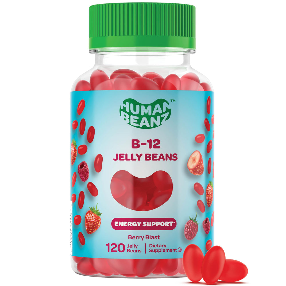 Human Beanz methylated B12 jelly beans in pack boost daily energy and nutrition.