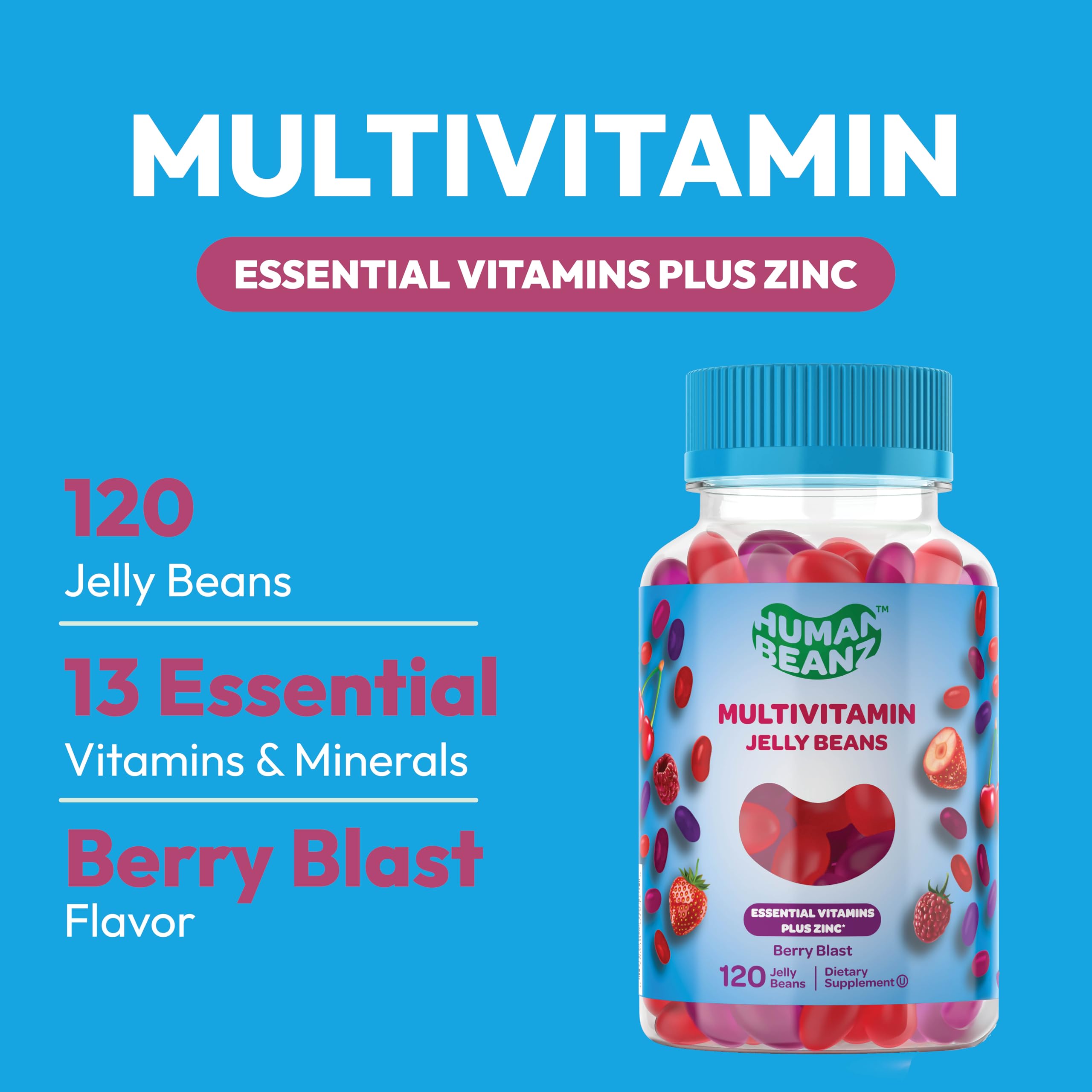 Human Beanz jelly beans closeup highlighting Berry Blast texture for easy daily intake.