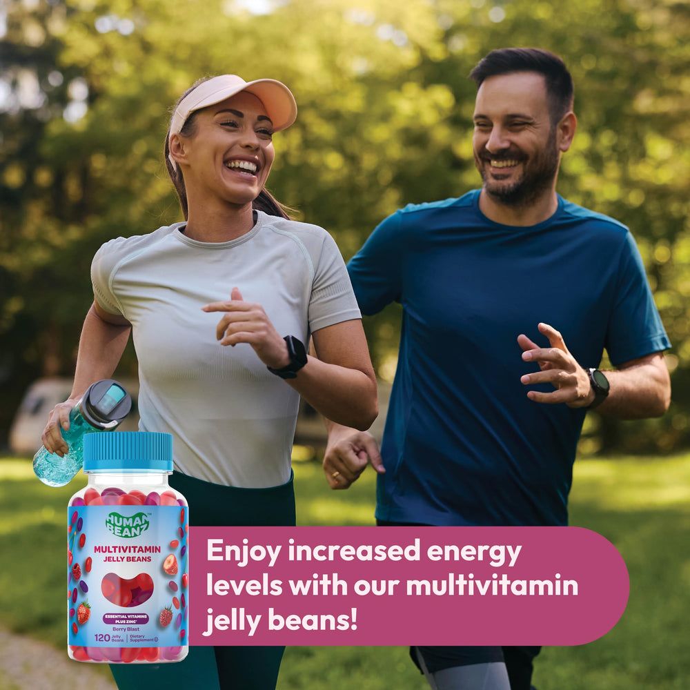 Human Beanz packaging display emphasizes Berry Blast flavor and nutrient blend.