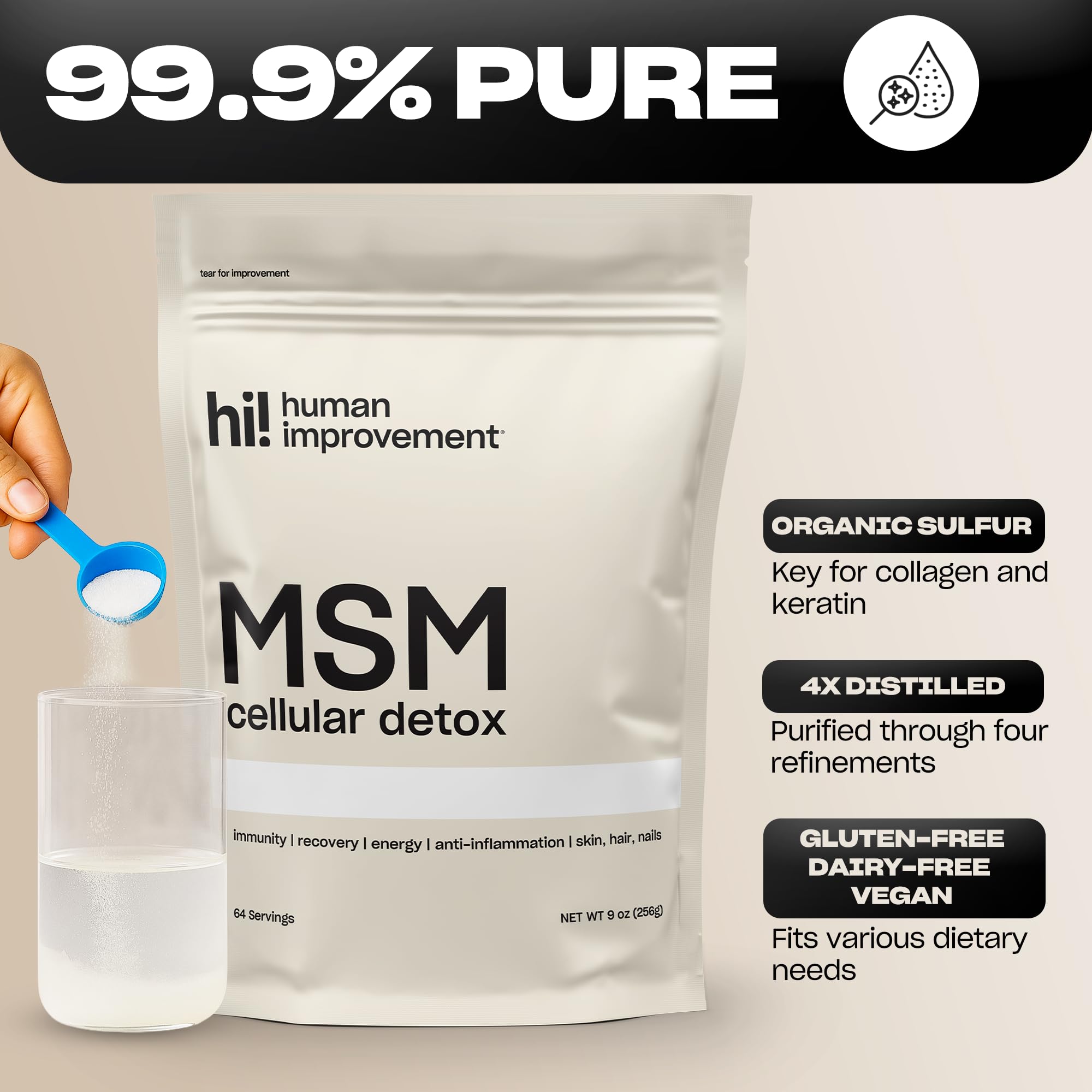 Human Improvement Pure MSM Powder 64 servings box shown for long-term use.