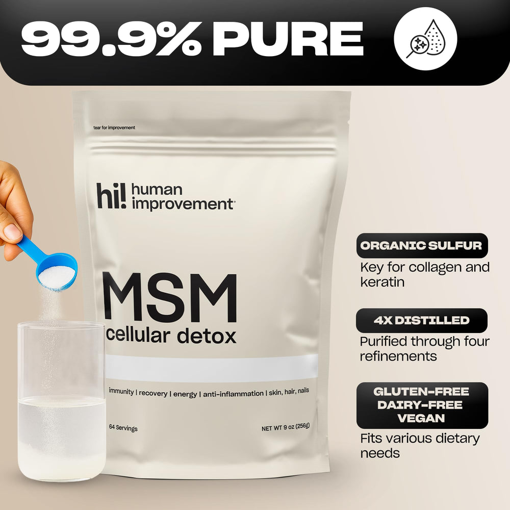 Human Improvement Pure MSM Powder 64 servings box shown for long-term use.