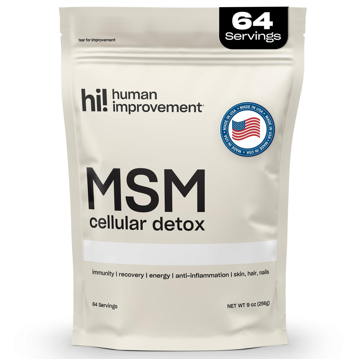 Human Improvement Pure MSM Powder bottle showing a pure sulfur supplement for skin and joints.