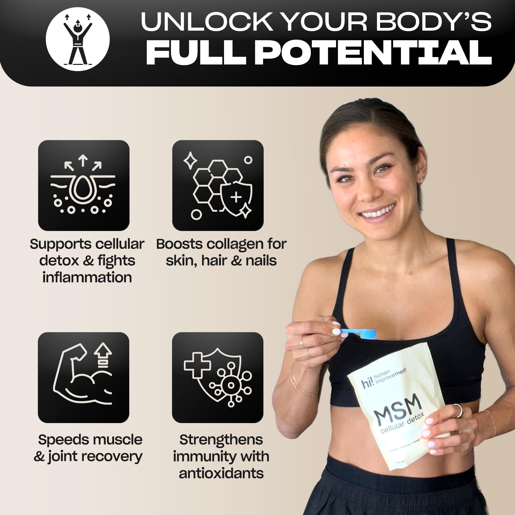 Human Improvement Pure MSM Powder scoop for an easy daily dose.