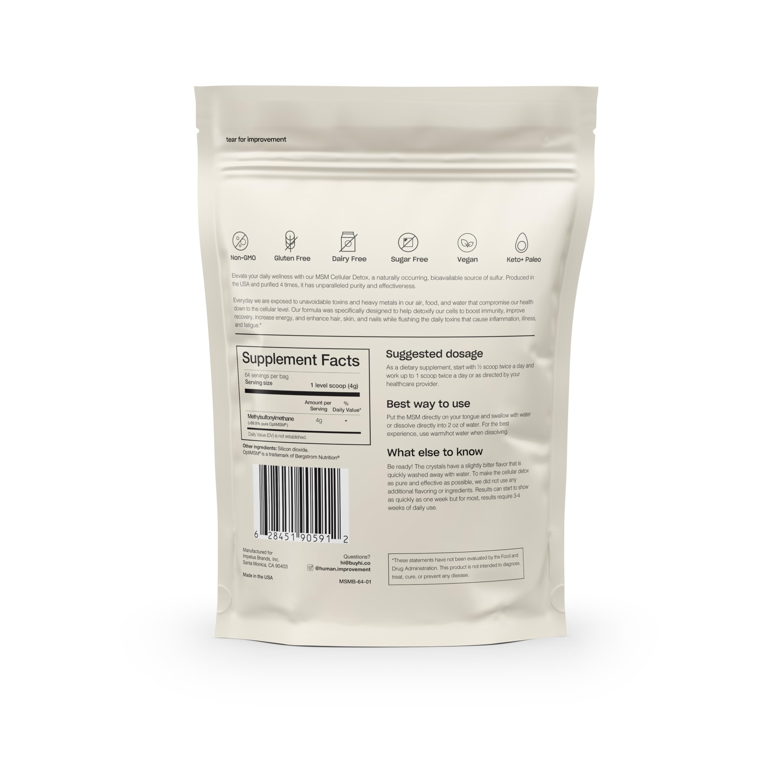 Human Improvement Pure MSM Powder serving scoop beside a glass for easy dosing.