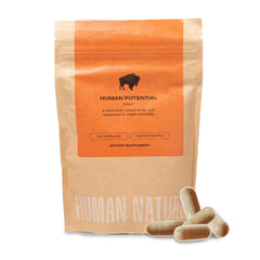 Human Nature bison liver bottle label highlights 150+ nutrients for energy and focus