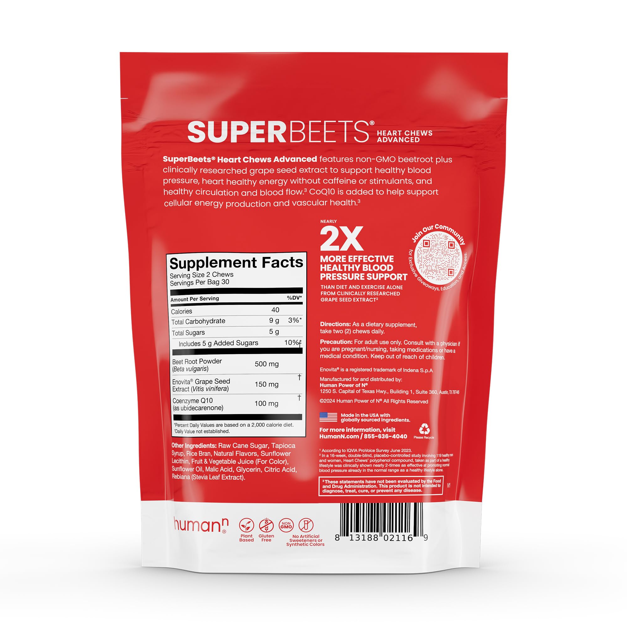 Humann Non-GMO beet powder nutrition facts panel visible.