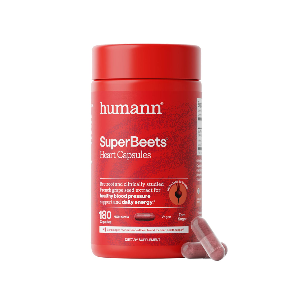 Humann SuperBeets beet root capsules bottle with quick-release design for easy daily use.