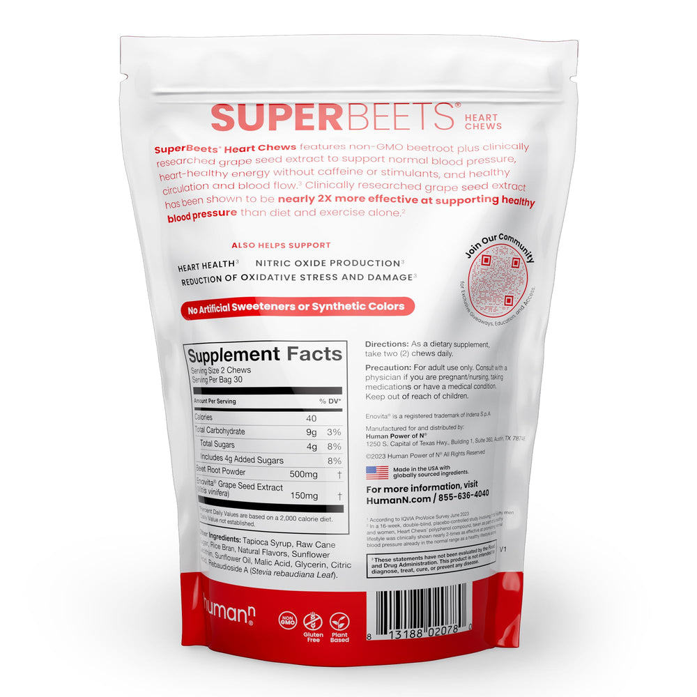 Humann SuperBeets image highlights 150 mg grape seed extract and 500 mg beetroot powder.