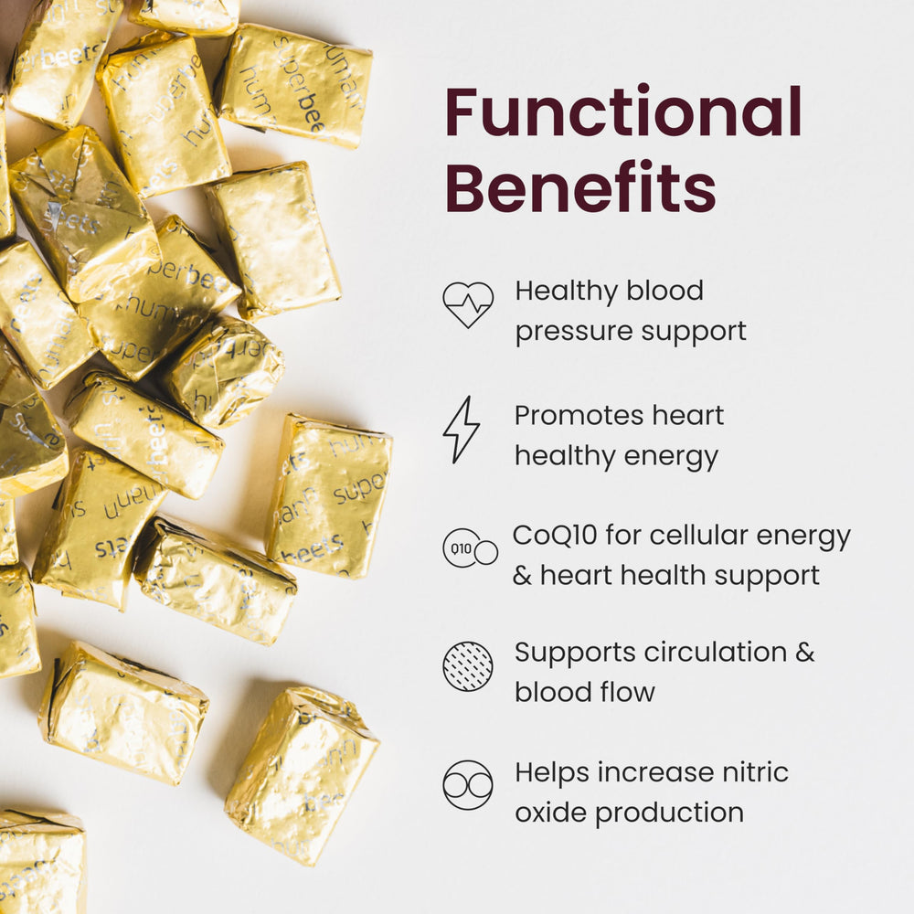 Humann humanN SuperBeets Heart Chews bottle back with ingredients and directions.