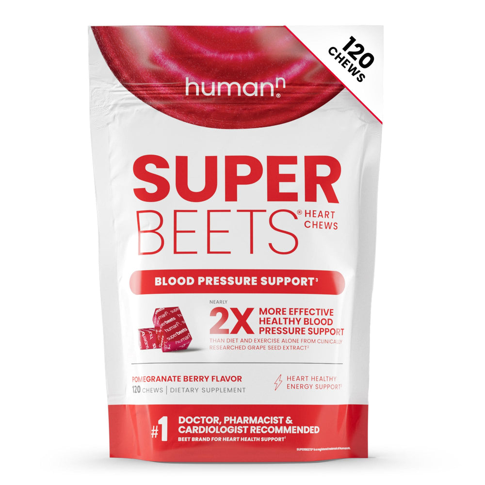 Humann SuperBeets Heart Chews bottle front with grape seed extract for circulation support