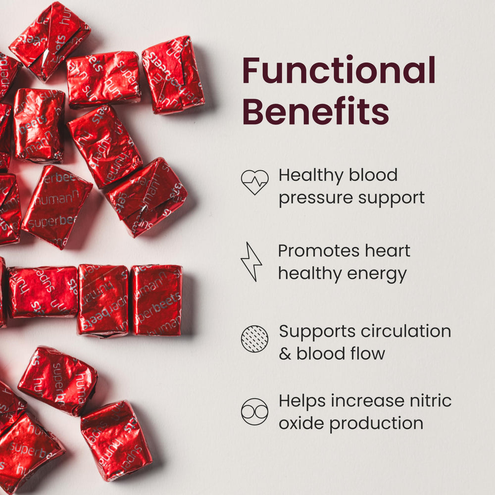 Humann SuperBeets Heart Chews packaging highlights plant-based, non-GMO formula.