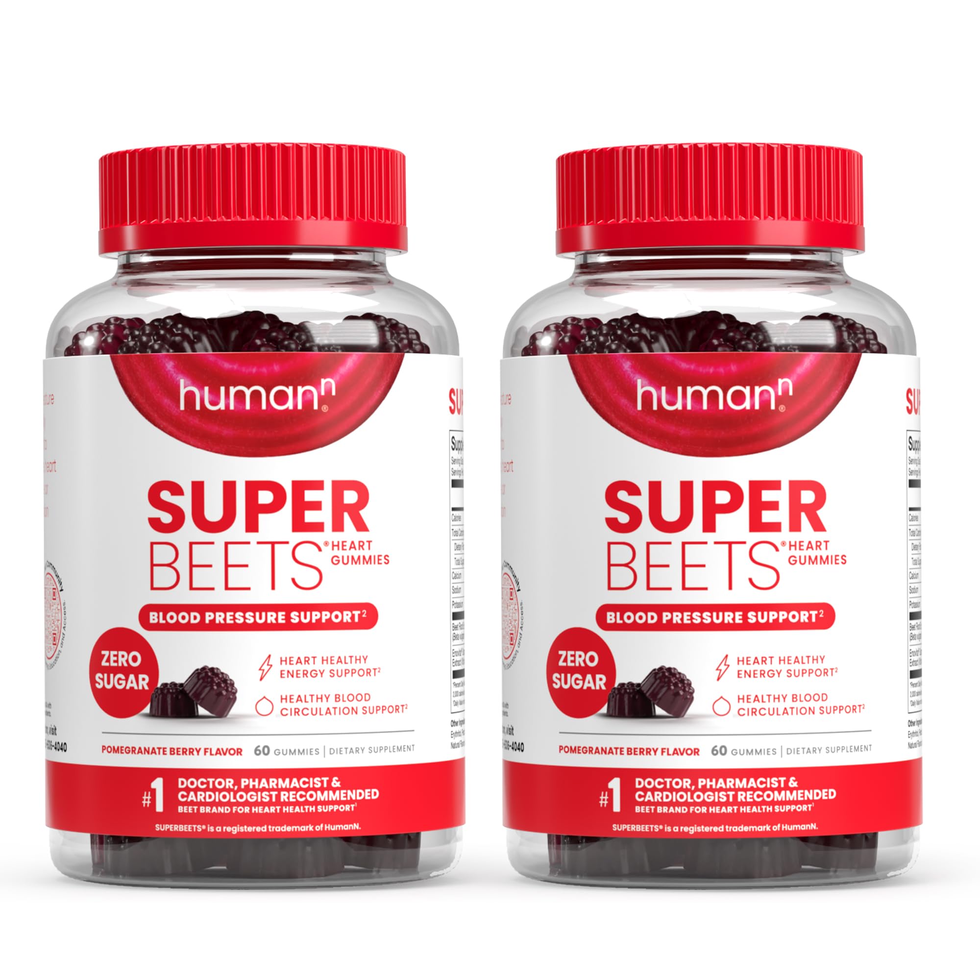 Humann humanN SuperBeets Heart Gummies bottle on countertop for daily energy support.