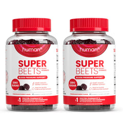 Humann humanN SuperBeets Heart Gummies bottle on countertop for daily energy support.