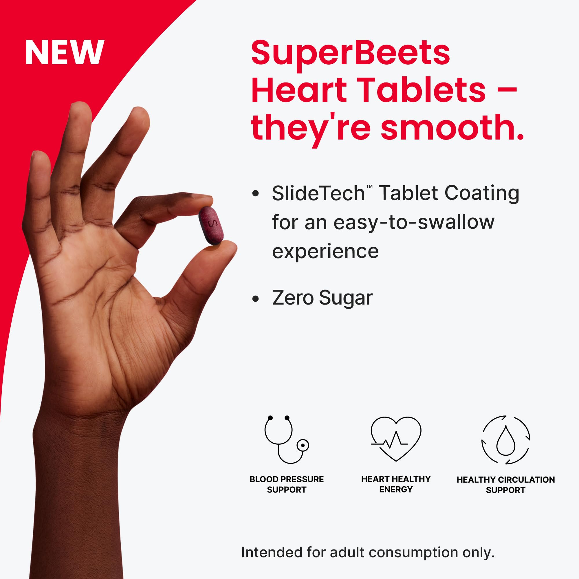 Humann SuperBeets Heart Tablets non-GMO gluten-free plant-based icon on packaging.