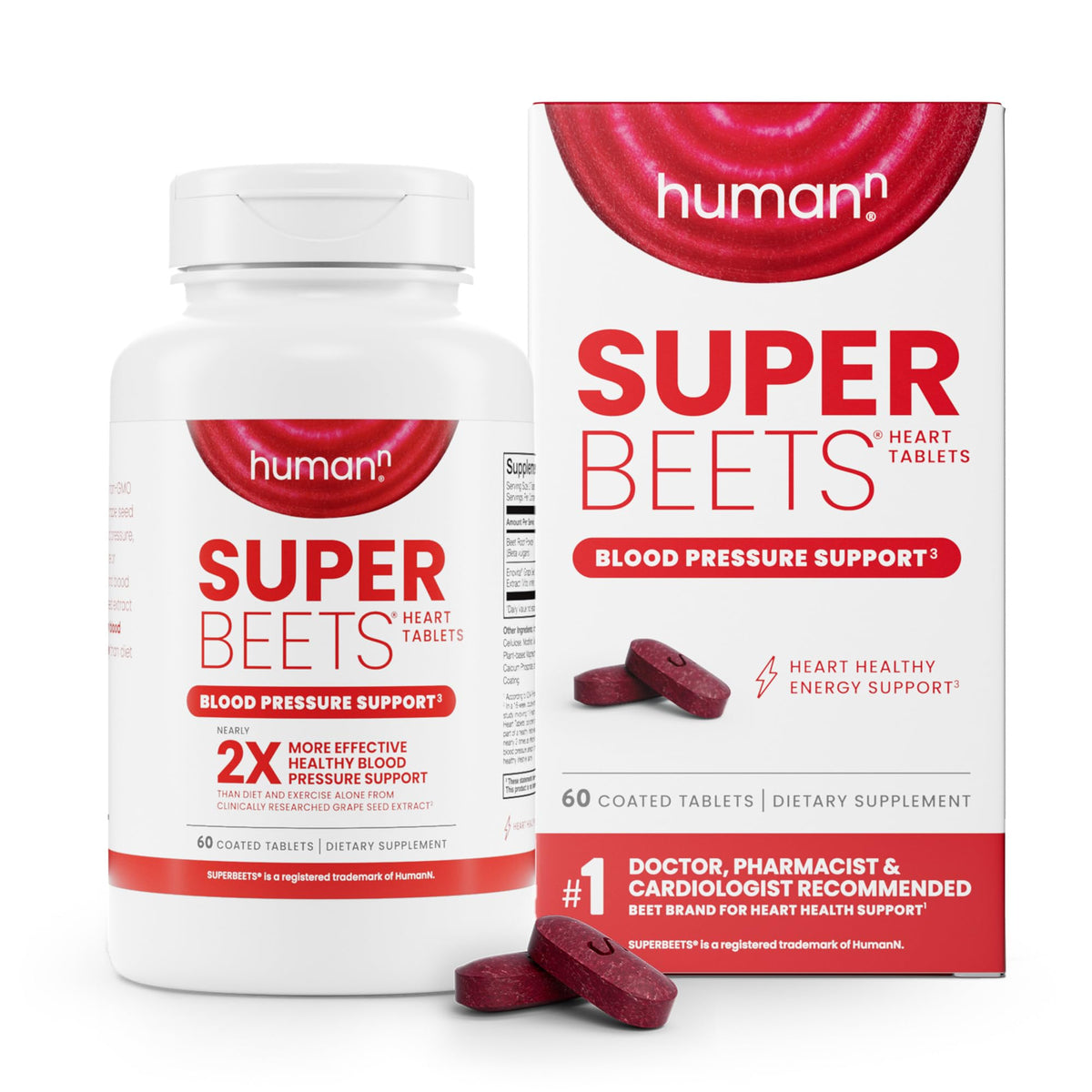 Humann SuperBeets Heart Tablets bottle front with smooth coat for easy swallowing.
