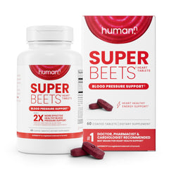 Humann SuperBeets Heart Tablets bottle front with smooth coat for easy swallowing.