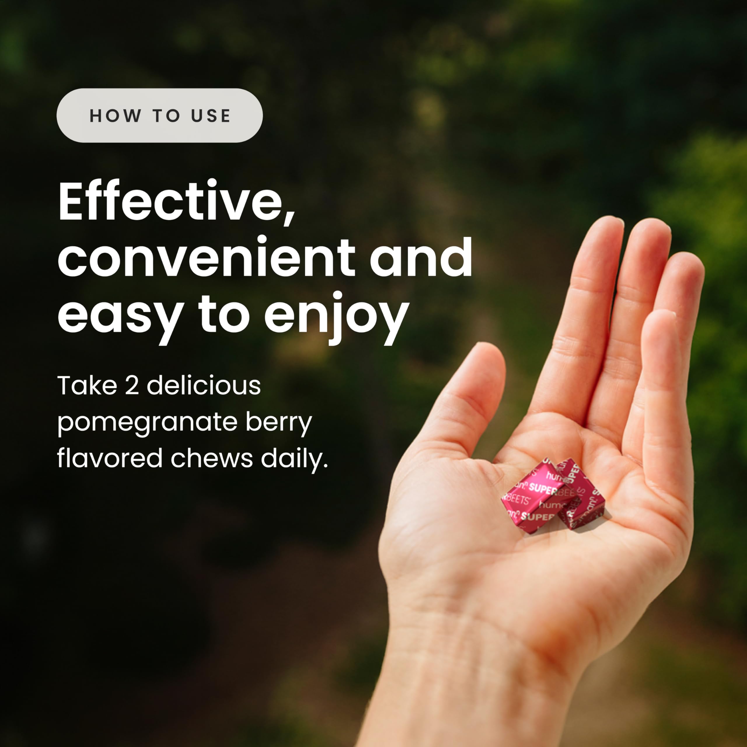 Humann SuperBeets formula shown as plant-based, non-GMO ingredients.