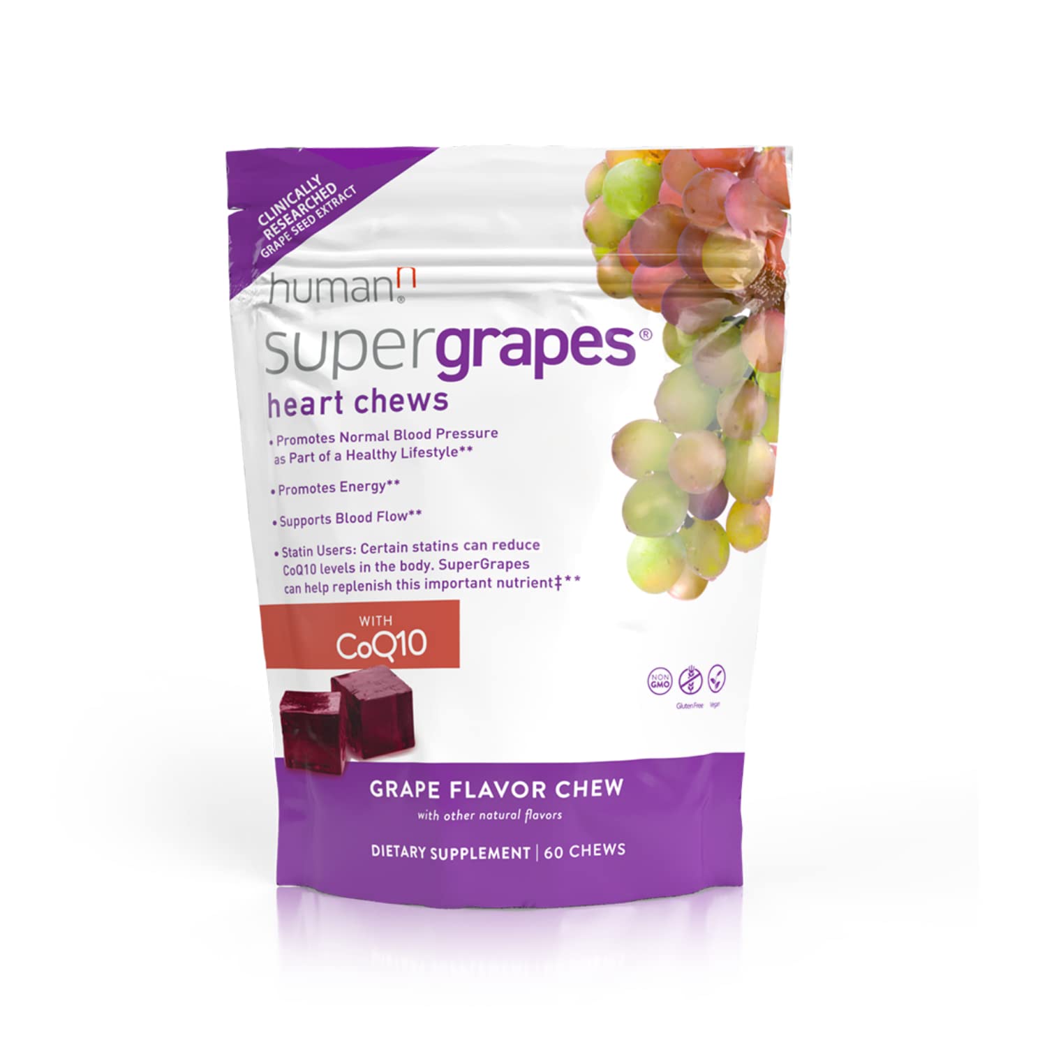 Humann SuperGrapes chews bottle front for convenient CoQ10 support.