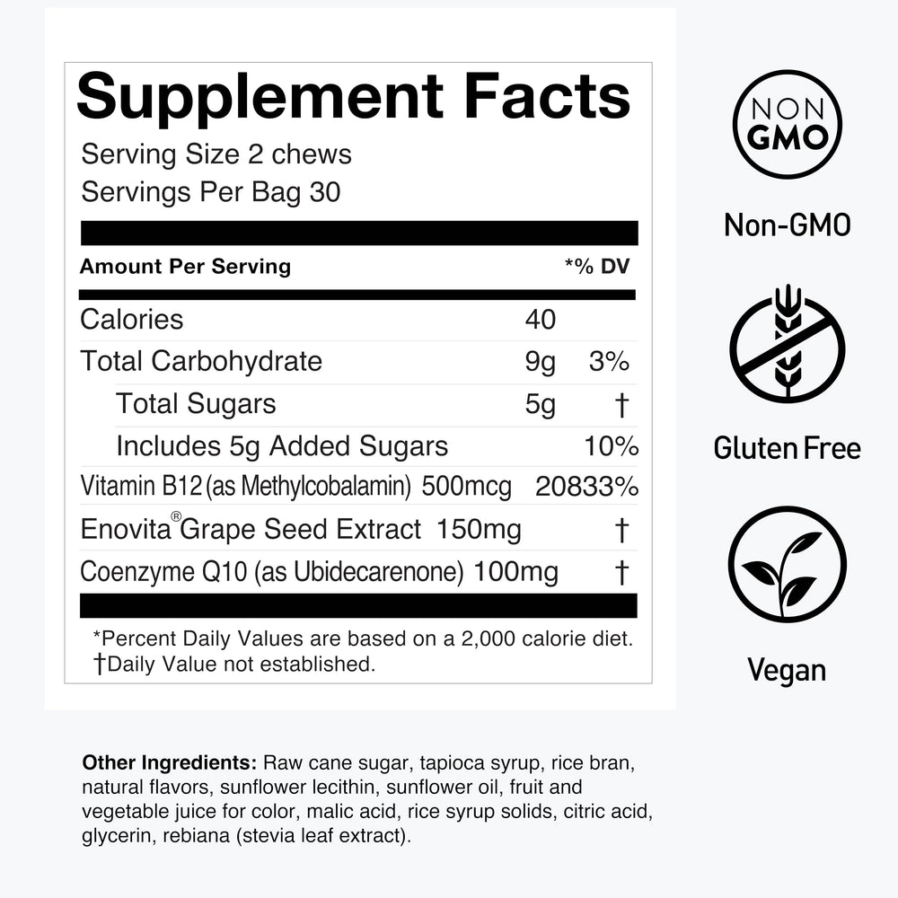 Humann SuperGrapes chews label shows non-GMO, gluten-free, vegan formulation.
