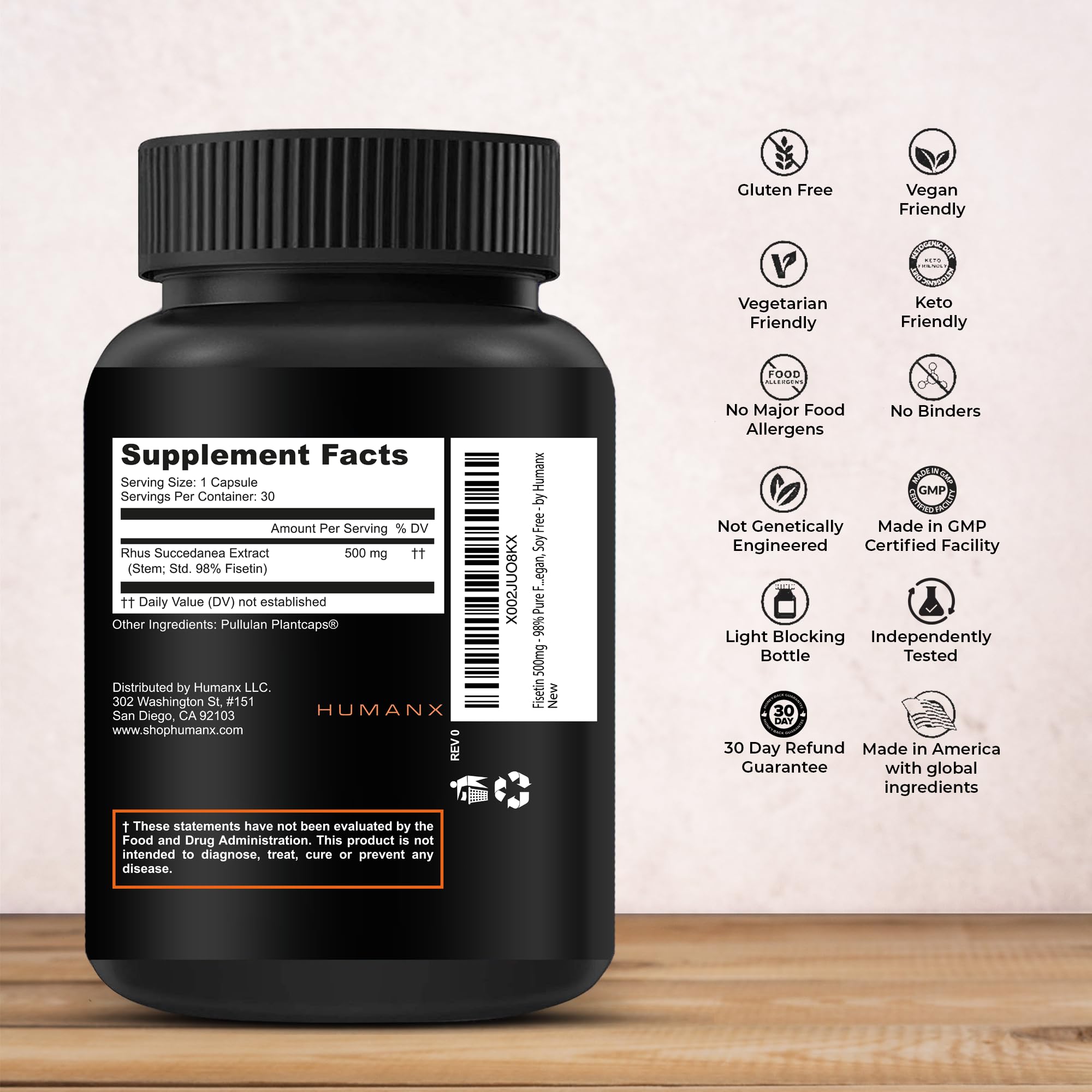 HUMANX Fisetin 500mg capsules close-up highlighting potency