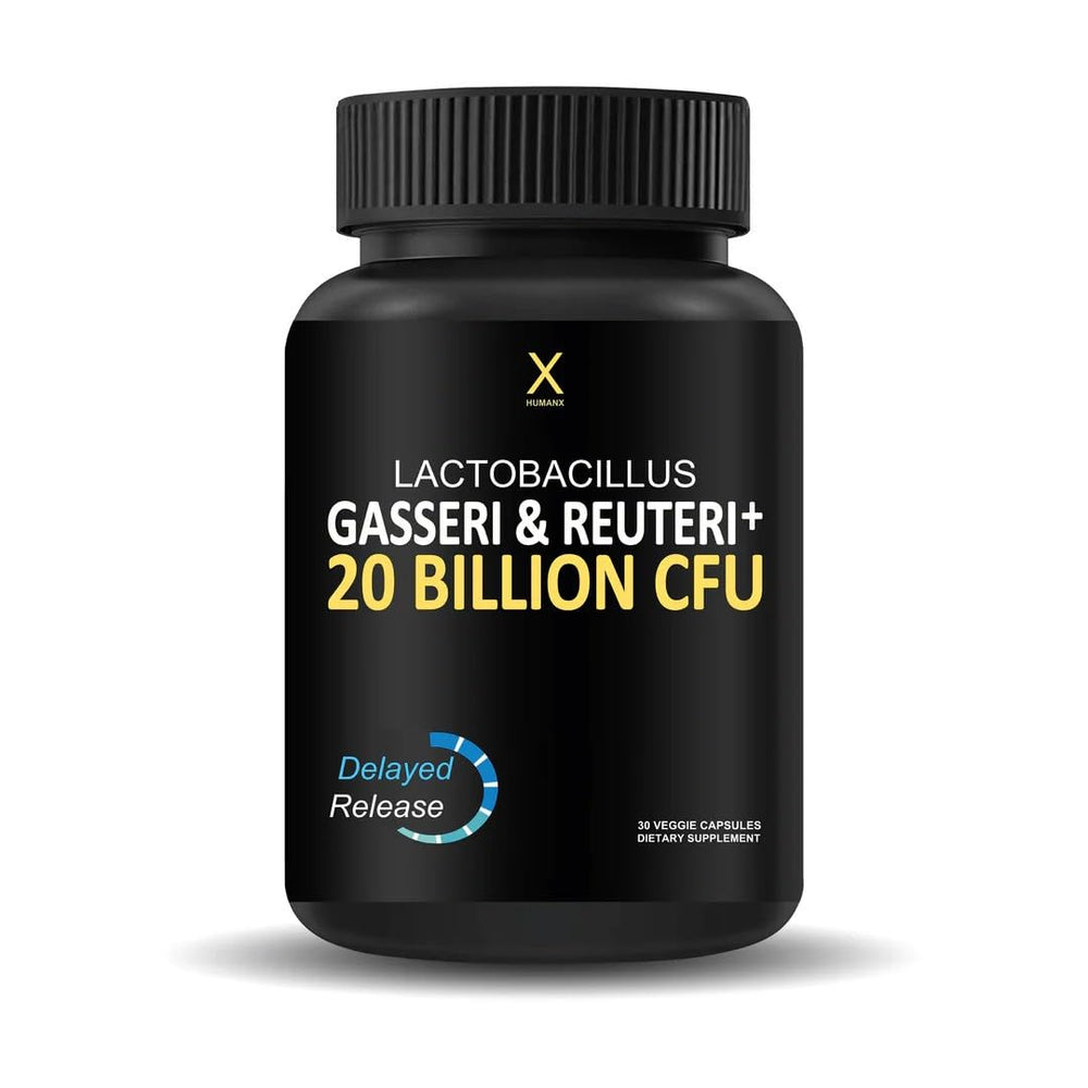 HUMANX Lactobacillus Gasseri & Reuteri bottle showing the premium probiotic formula and portability