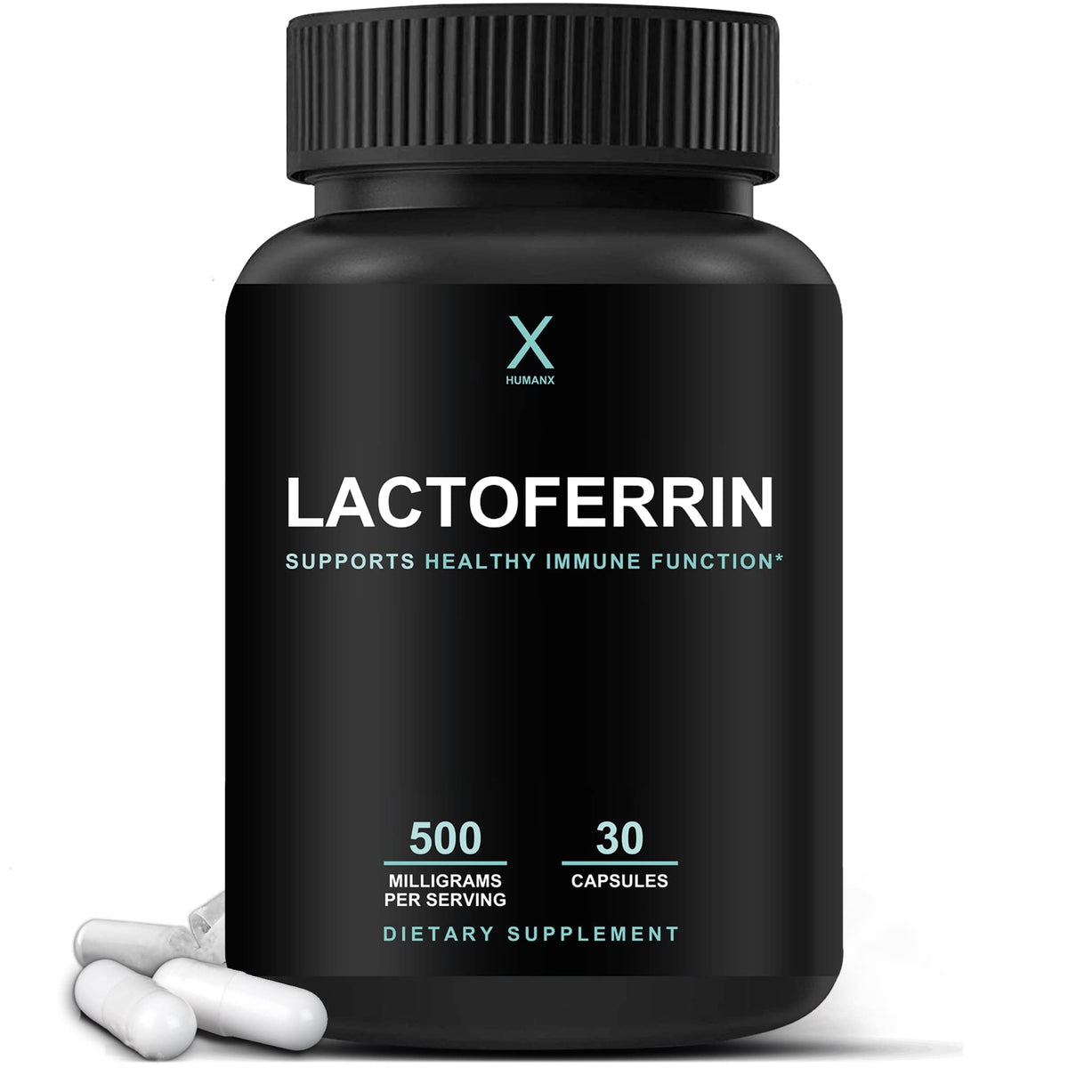 HumanX Lactoferrin 500mg bottle front view supports immune function and iron utilization.
