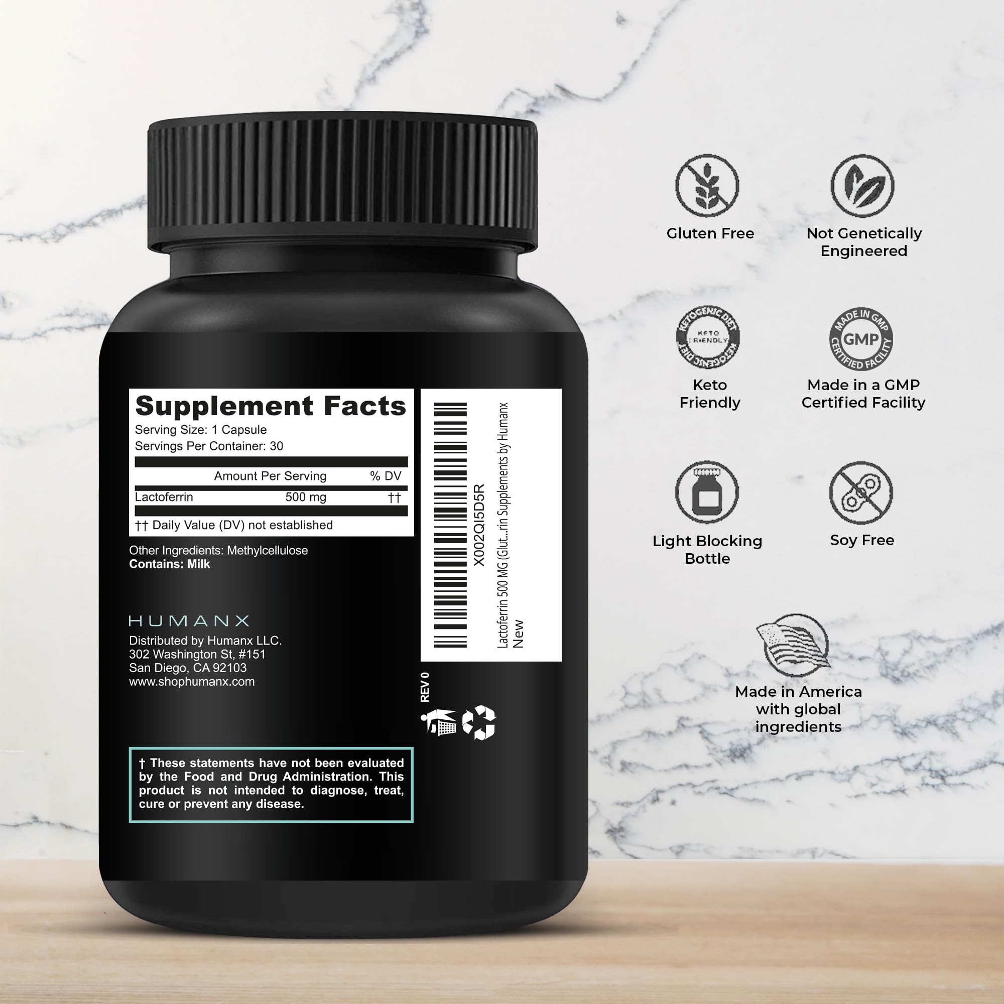 Close-up of HumanX Lactoferrin 500mg bottle label shows USA-made quality.