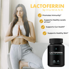 HumanX Lactoferrin 500mg capsules close-up highlighting gluten-free, non-GMO, soy-free formula.